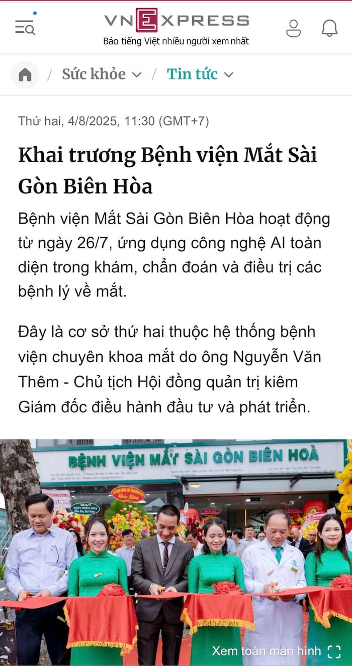 VNExpress: Khai trương Bệnh viện Mắt Sài Gòn Biên Hòa